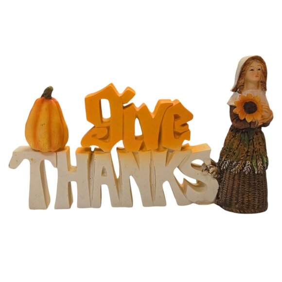 Sunflower Thanksgiving Decor Resin Figurine Give Thanks Pilgrim Girl Pumpkin - Picture 1 of 16
